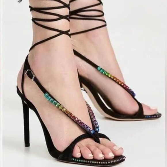 Schutz Vikki Crystal Sandal Nobuck Black with Rainbow Crystals Size 7.5 - Picture 1 of 15